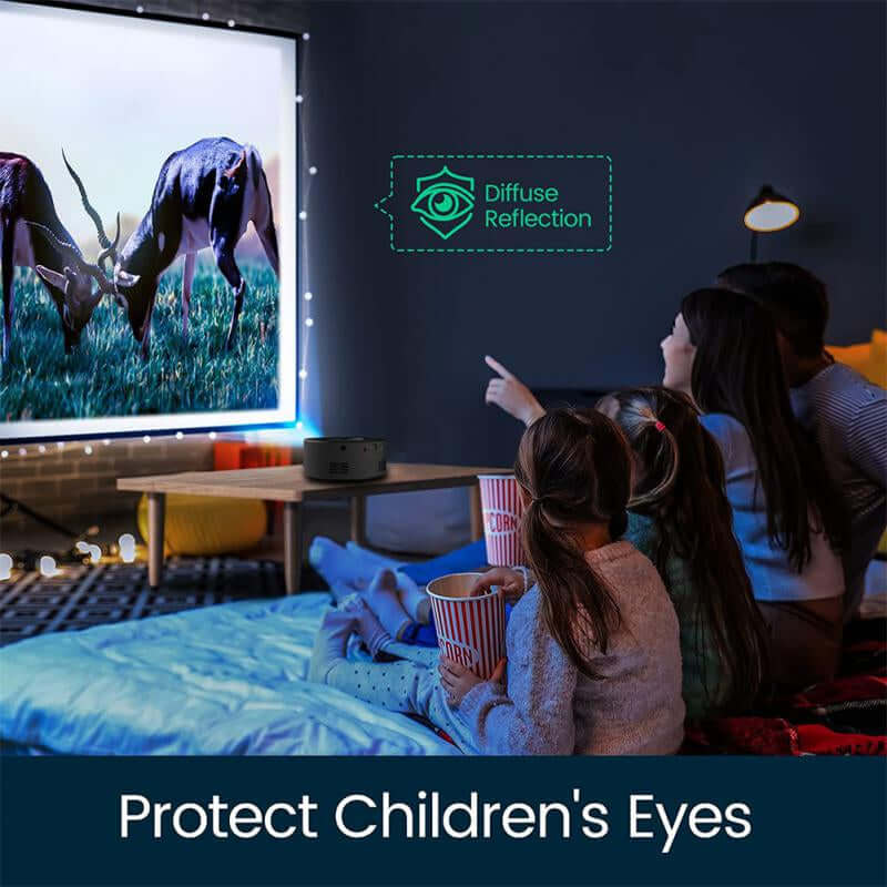 Family enjoying a movie with Smart Projector Wifi Portable Home Theater, highlighting eye protection features.