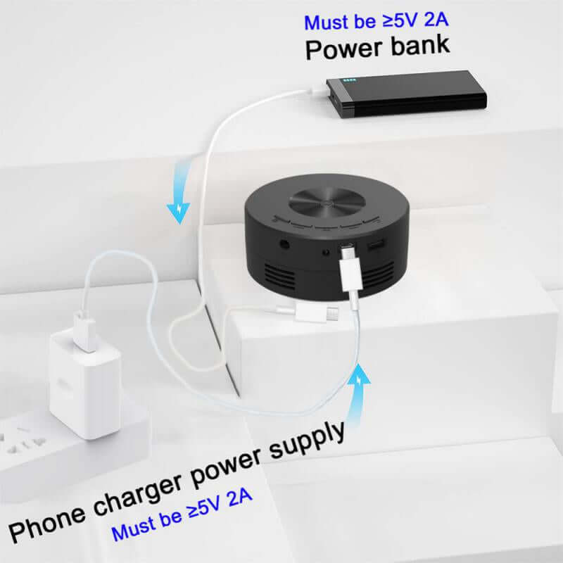 Smart Projector Wifi Portable Home Theater setup with power bank and charger connections on a white surface.