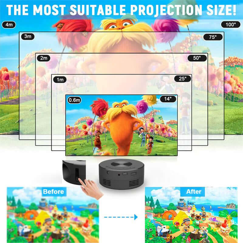 Smart Projector Wifi Portable Home Theater showing suitable projection sizes for optimal viewing experience.